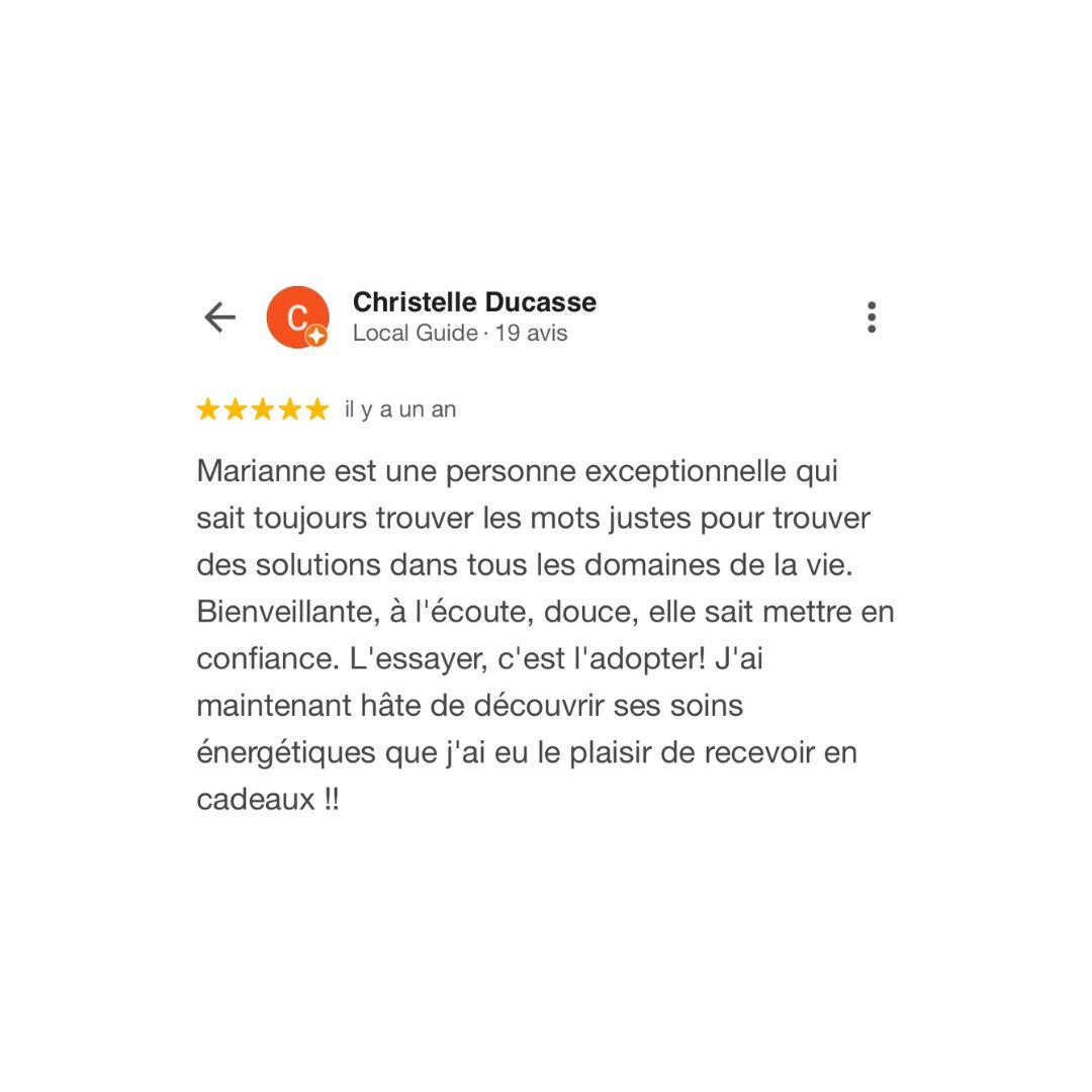 Avis google Christelle, coaching holistique énergétique - Marianne Aupetit