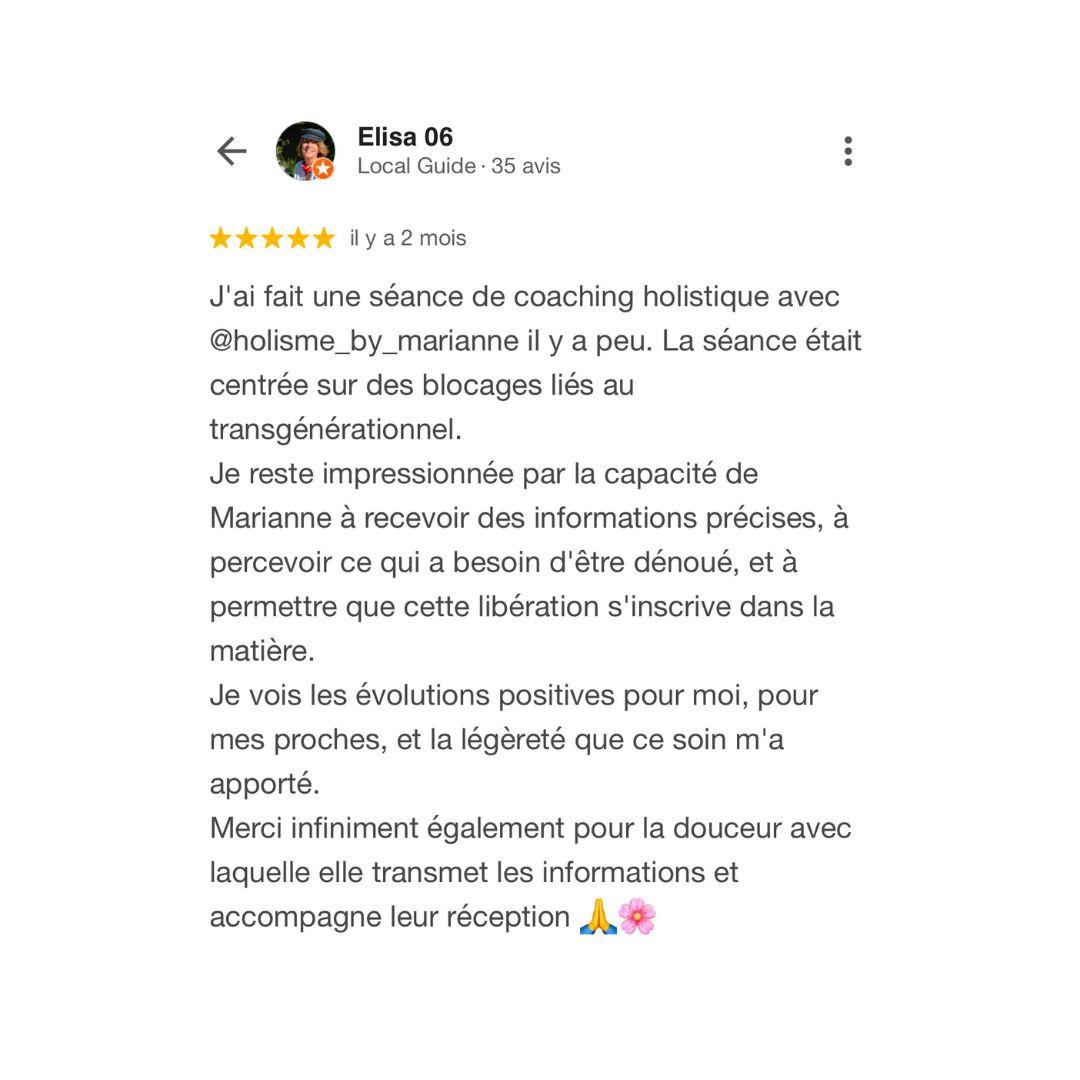 Avis google, Elisabeth, coaching Holistique Marianne Aupetit