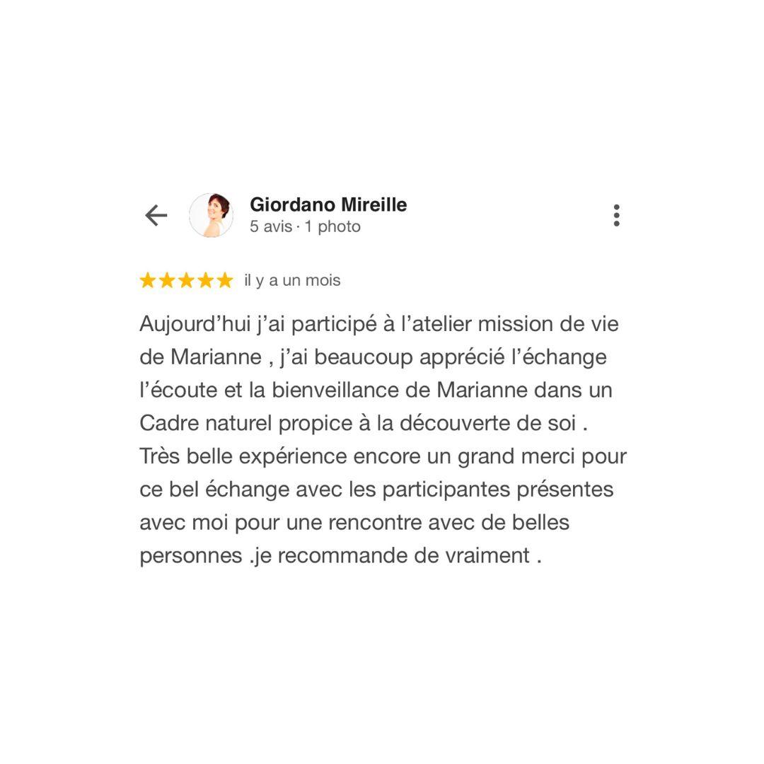 Avis google Mireille, Atelier coaching holistique Marianne Aupetit